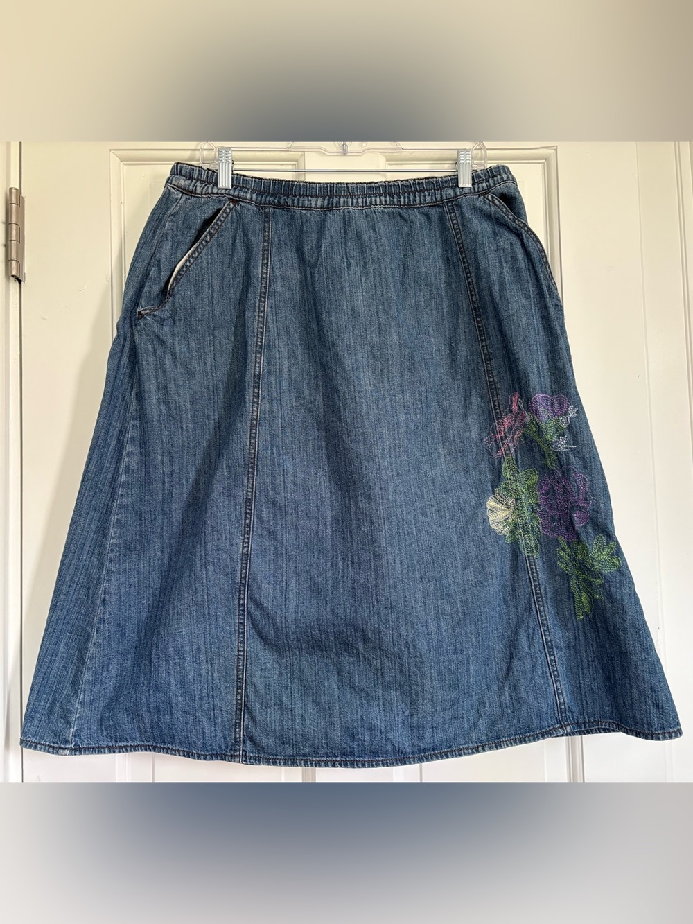 VTG Main Street Blues Embroidered Denim Skirt Midi Elastic Modest Cottage 18W
